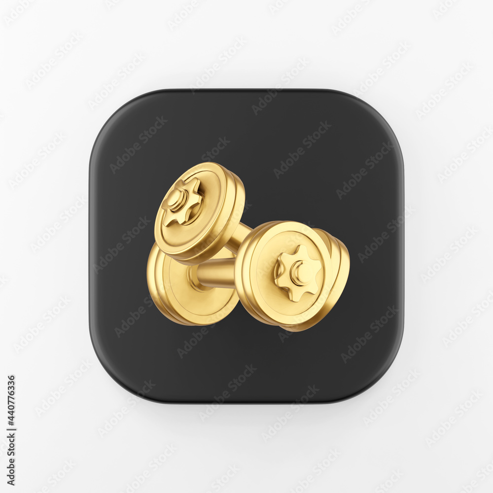 Poster Gold dumbbells icon. 3d rendering black square button key, interface ui ux element.