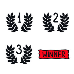 Winner emblem number 1 Wreath and ribbon logo icon sign First place award victory symbol of success Hand drawn lettering Cartoon children's style Fashion print clothes apparel greeting invitation card