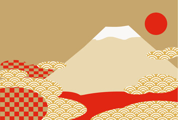 富士山と日の出の太陽が輝いているおめでたい新春の背景イラスト - obrazy, fototapety, plakaty