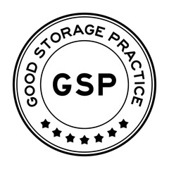 Black color GSP Good storage practice round label stamp on white background