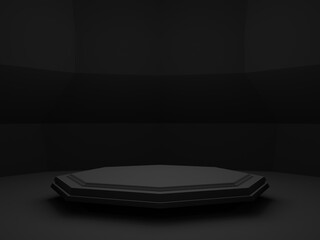 3D rendered black geometric product podium. Dark background.