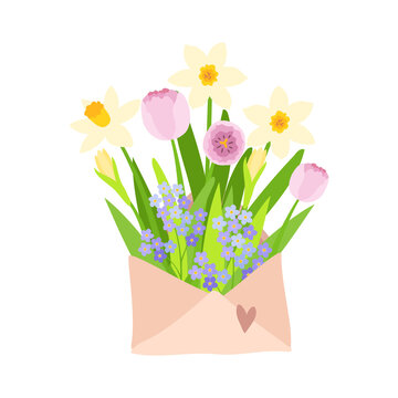 Kraft paper mailing envelope with a bouquet of blossoming flowers.  daffodils, tulips, forget-me-nots.  vector illustration. 