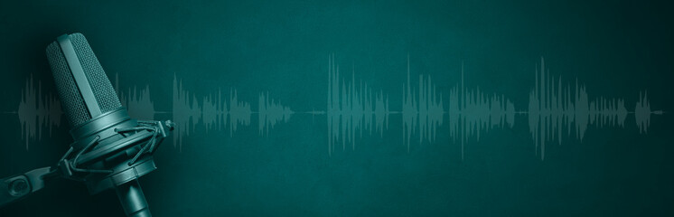 Vocal microphone and audio waveform on green banner background. Broadcast radio, sound recording or podcasting banner with copy space
