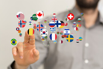 Global communication and international messaging concept, national flags of world