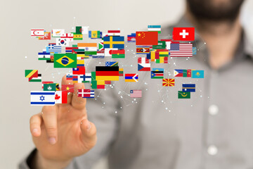 Global communication and international messaging concept, national flags of world