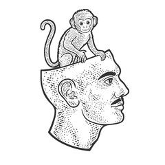 monkey sitting in human head line art sketch engraving vector illustration. T-shirt apparel print design. Scratch board imitation. Black and white hand drawn image. © Oleksandr Pokusai