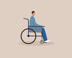 Fototapeta premium Young disabled man sitting in a wheelchair. Handicapped male character. Disability,equal opportunities concept. Vector illustration cartoon flat style.
