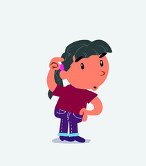 funny cartoon character of little girl on jeans doubting.