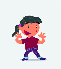 Pleasantly surprised cartoon character of little girl on jeans.
