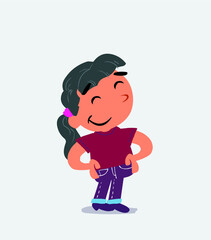 Satisfied cartoon character of little girl on jeans.