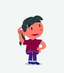 Thoughtful cartoon character of little girl on jeans scratching his head.