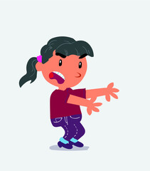 Very angry cartoon character of little girl on jeans pointing at something at side.