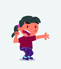 Very angry cartoon character of little girl on jeans pointing at something
