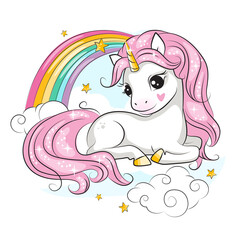 Colorful illustration of cute little unicorn with pink mane. Rainbow and clouds. Beautiful picture for your design.  - 440780918
