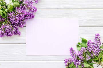 Spring purple lilac flowers. Fla lay, mock up