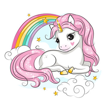 Colorful illustration of cute little unicorn with pink mane. Rainbow and clouds. Beautiful picture for your design. 