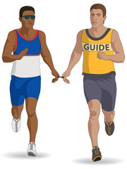 para sports paralympic track running, visual impaired male athlete running with sighted guide, track and field, isolated on a white background