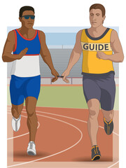 para sports paralympic track running, visual impaired male athlete running with sighted guide, track and field, with track and stadium in background