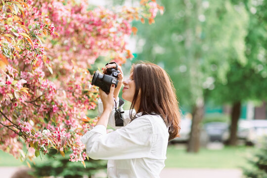 Happy young woman traveler looking cherry blossoms or sakura flower blooming and holding camera to take a photo in the park
