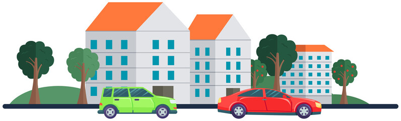 Gray and red cars in city. Cars are driving on road. Landscape with residential buildings and automobiles. Driving in modern downtown. Vehicles on background of cityscape with buildings and nature