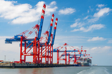 Gantry cranes unload a container ship on the Jade Weser in Wilhelmshaven, Lower Saxony - photo taken from the seaside - obrazy, fototapety, plakaty