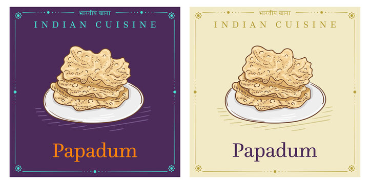 Papadam fried Indian cracker flatbread on plate retro vintage illustration