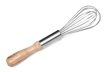 New balloon whisk with wooden handle isolated on white, top view