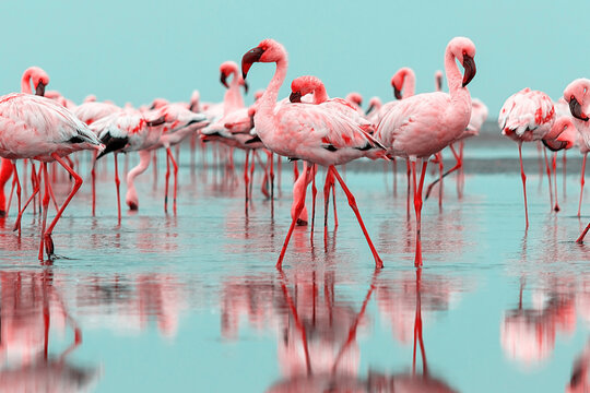 Wild african birds. Group birds of pink flamingos  walking around the blue lagoon on a sunny day