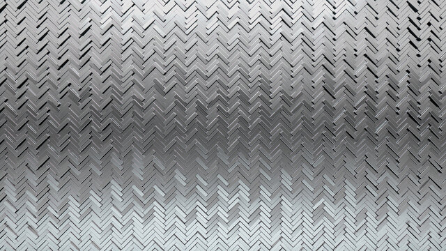 Silver Tiles arranged to create a 3D wall. Herringbone, Glossy Background formed from Luxurious blocks. 3D Render