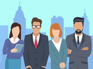 Business team ready to work. Teamwork. Coworkers characters communication. Team building and business partnership. Businessmen people cooperation collaboration. Office workers clerks standing together