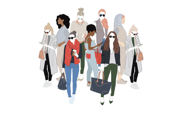 concept of cross cultural, racial equality, multi ethical, diversity people, power, empowerment, tolerance, discrimination. full length different contrasting women vector illustration