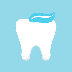 Tooth with toothpaste dental icon isolated on white background. Clean tooth and paste on crown. Vector flat design cartoon style dentistry hygiene clip art illustration.