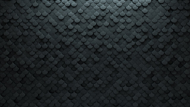 Futuristic Tiles arranged to create a Fish Scale wall. Semigloss, Concrete Background formed from 3D blocks. 3D Render