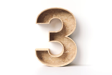3D number 3 made of particle board wood. Nice for recycled materials concept designs. High quality 3D rendering.