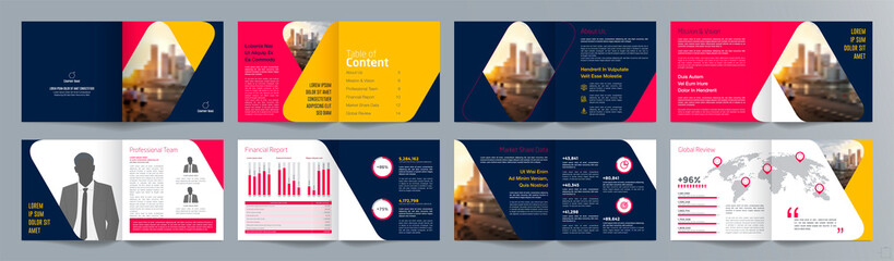 Corporate business presentation guide brochure template, Annual report, 16 page minimalist flat geometric business brochure design template, A4 size.