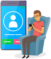 Incoming call on smartphone screen. Man holds smartphone and takes call. Guy looks at screen of mobile device with application for communication. Male character with glasses uses mobile app on phone