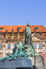 Fototapeta premium Jan Hus Memorial in Old town square in Prague. Memorial unveiled to commemorate 500th anniversary of Jan Hus martyrdom. Prague, Czech Republic.