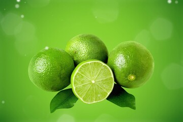 Juicy green lime fruits with green leaf and cut in half slice