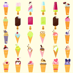 Cream, chocolate, fruit and berry ice cream in a waffle cup . Summer dessert. A set of vector illustrations in a cartoon style. Isolated objects