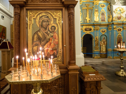 Istra, Moscow Region, Russia - May 6, 2021: inside of side-chapel of the Dormition of the Mother of God in Resurrection Cathedral of New Jerusalem Monastery. The monastery was founded in 1656