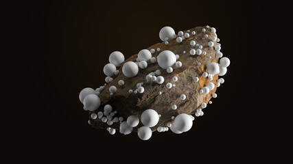 3d render of detailed rock shape with white balls.  Abstract background element.