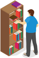 Man pulls out book from shelf. Librarian works with textbooks. Male person stretches his hand for book in closet. Cartoon character going to read and taking textbook. Guy standing next to bookcase