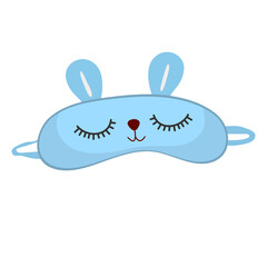 Sleep mask with cute rabbit face. Eye protection wear accessory. Relaxation blindfold. Cartoon vector illustration isolated on white background
