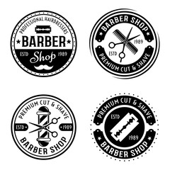 Barber shop set of vector round emblems, badges, labels or logos in vintage style isolated on white background