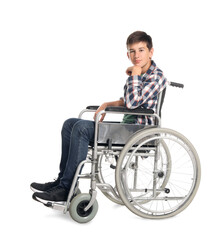Teenage boy in wheelchair on white background