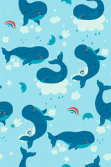 Seamless pattern with cute whales in the sky. Vector graphics.