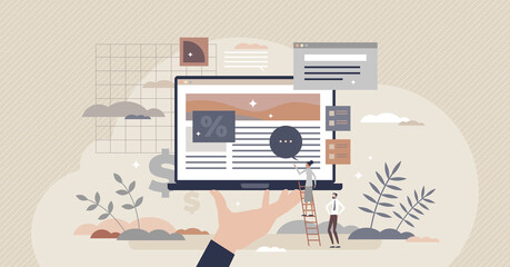 Building e-commerce and online store layout planning project tiny person concept. Company website interface design programming and responsive retail site optimization for browser vector illustration.