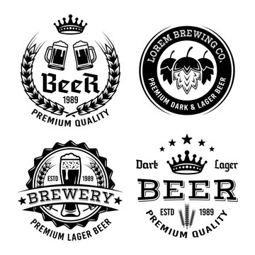 Beer and brewing set of vector monochrome emblems, labels, badges or logos isolated on white background