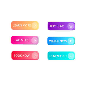 Set of modern buttons for applications. Vector image. Website user interface. Download, find out more, buy now. Colorful icons for website. Gradient fill.
