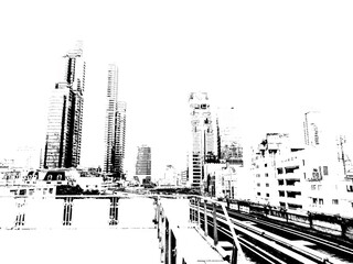 Bangkok city landscape Black and white illustrations.